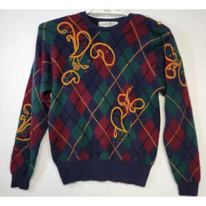 Vintage JH Collectibles Sweater Womens Medium Argyle Wool Angora Paisley 80s